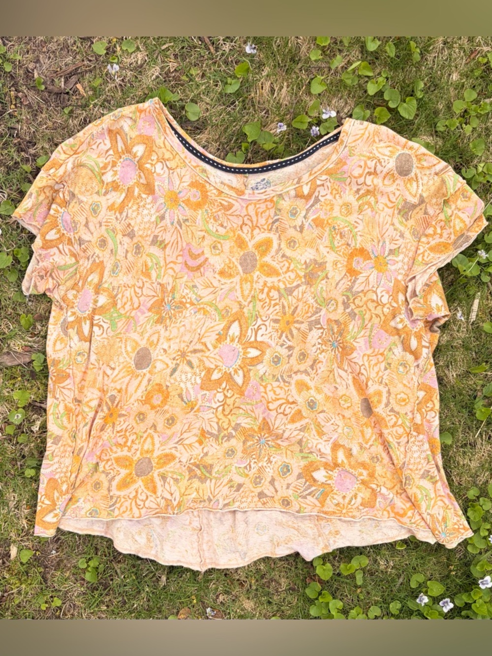 Pilcro Peach Floral Short Sleeve Crop Top